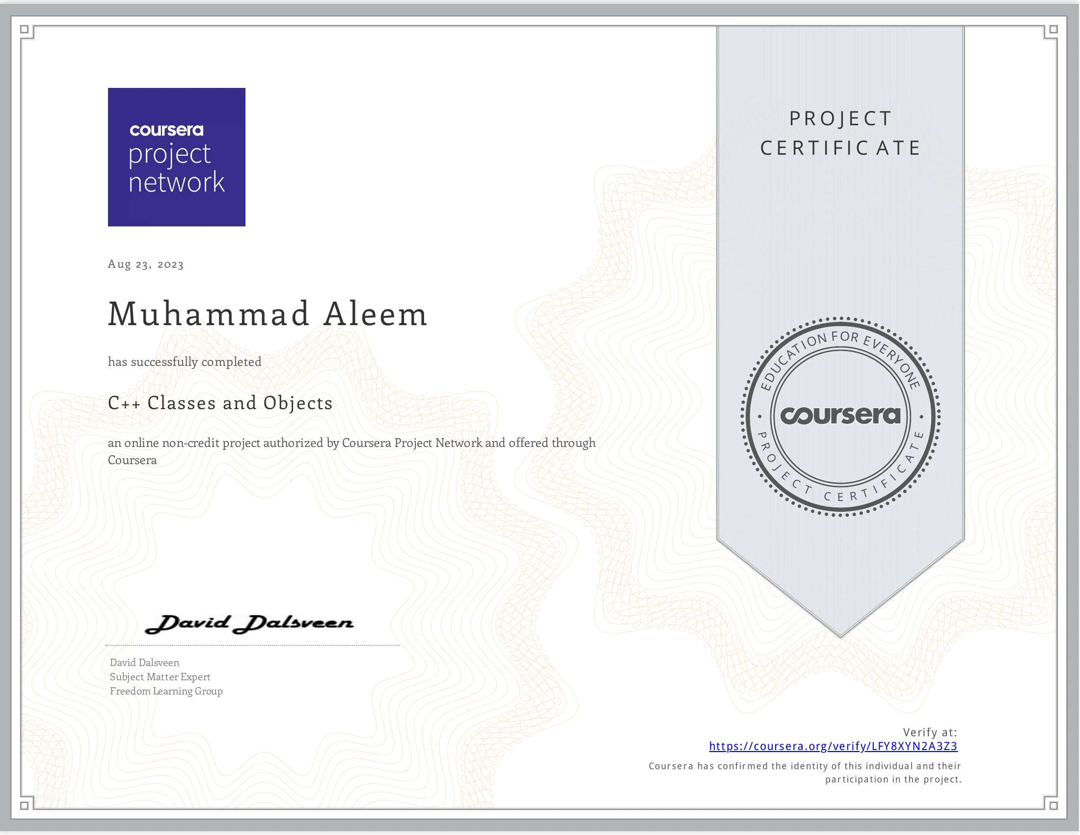Object-Oriented Data Structures in C++ certificate issued by Coursera (UIUC)