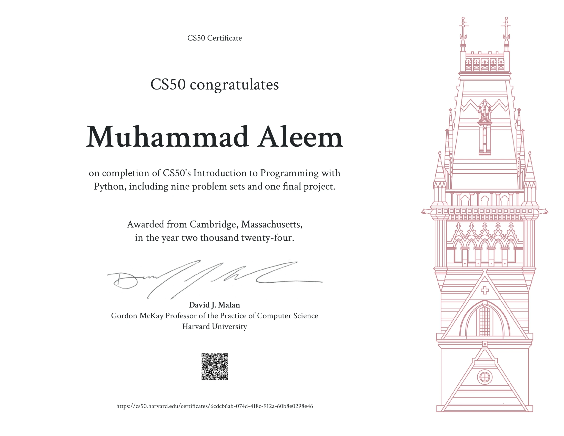 CS50's Introduction to Programming with Python certificate issued by Harvard / edX