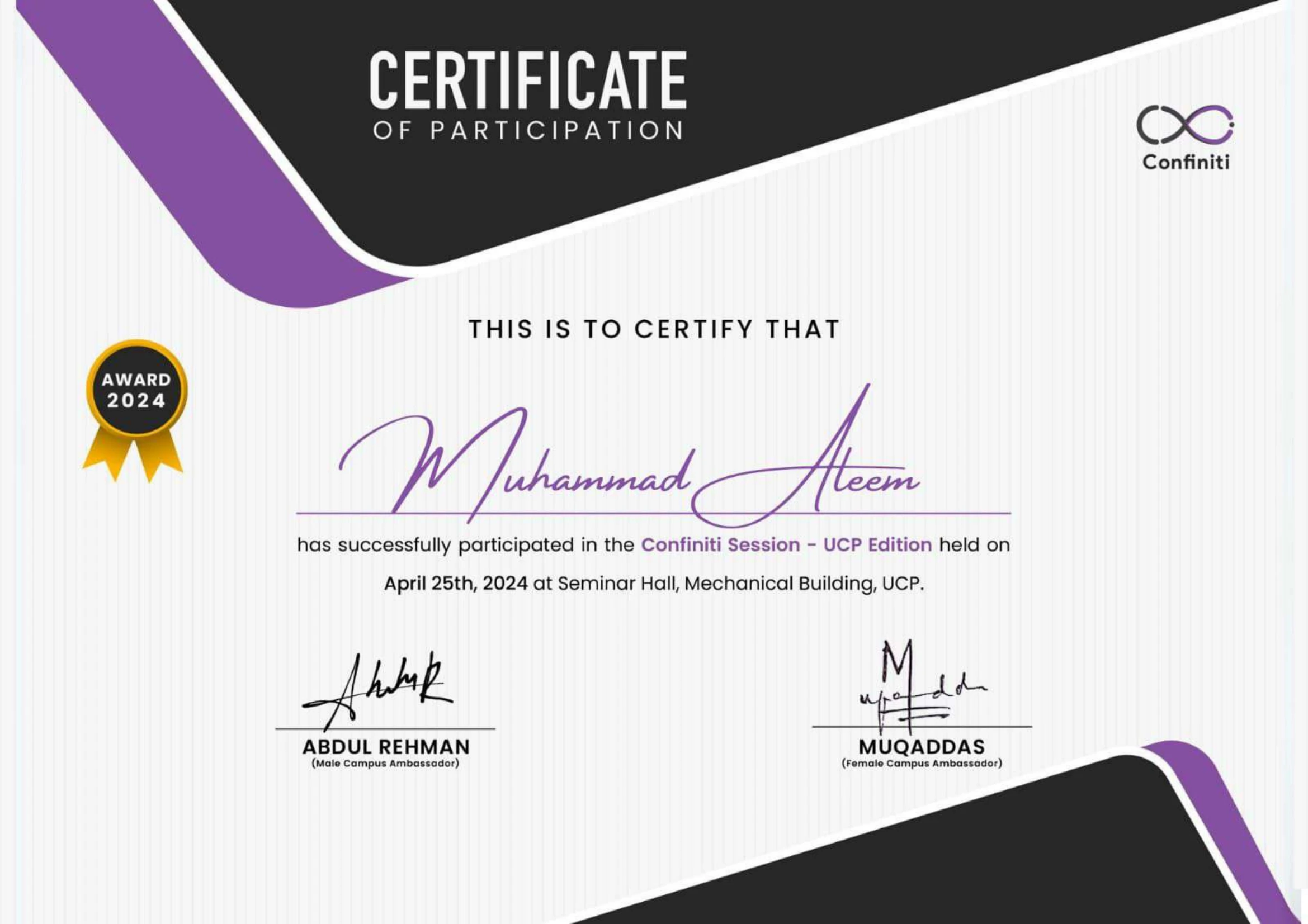 Web3.0 & Decentralized Technologies certificate issued by Confiniti / UCP