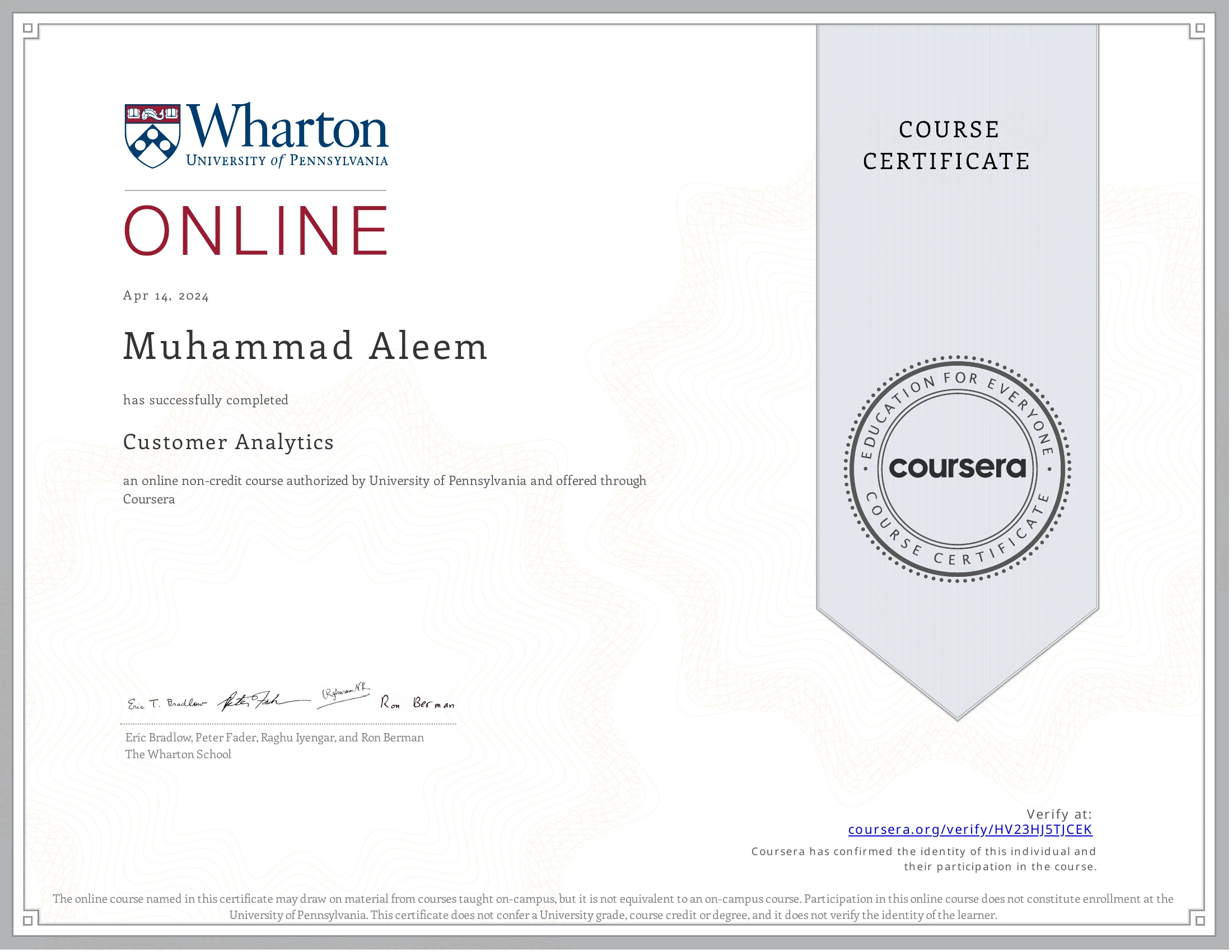 Customer Analytics certificate issued by Wharton / Coursera