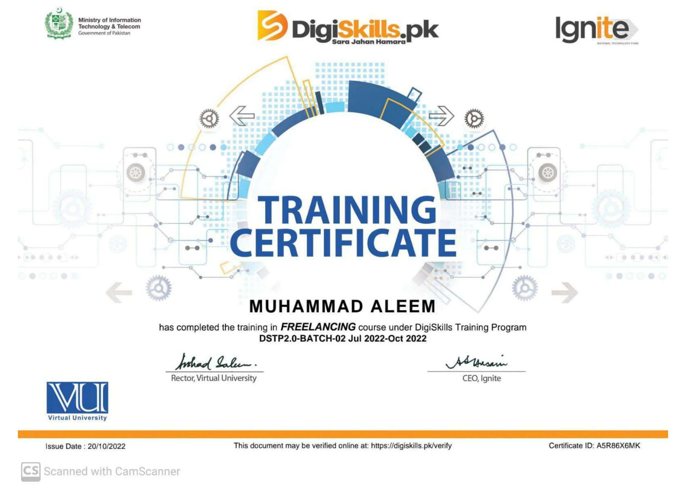 Freelancing Programme certificate issued by DigiSkills.pk