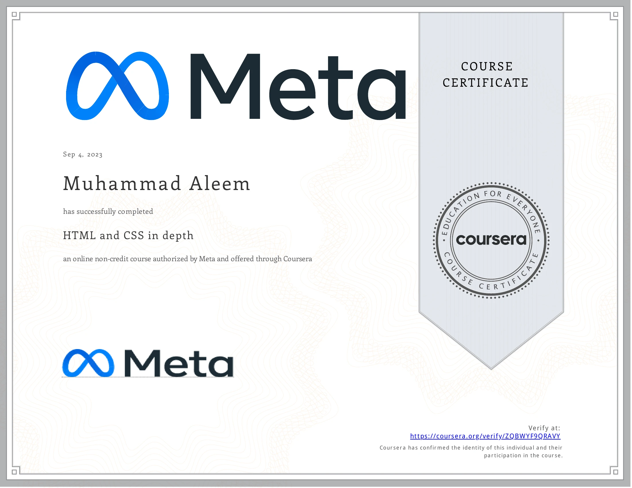 HTML and CSS in Depth certificate issued by Meta / Coursera