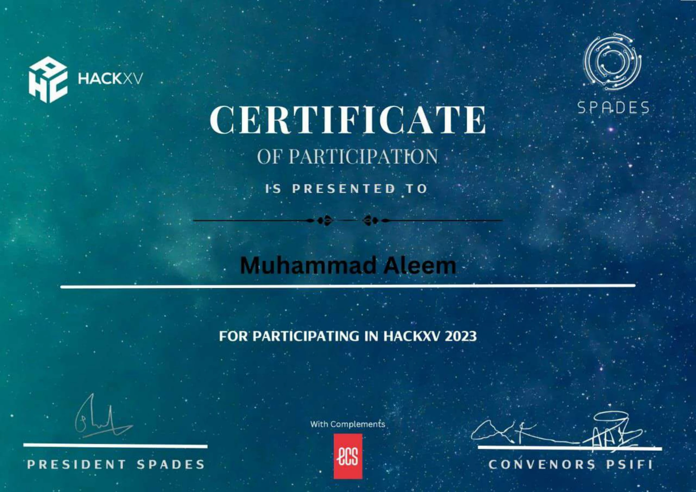 HackXV 2023 Hackathon Participant certificate issued by FAST-NUCES / UCP