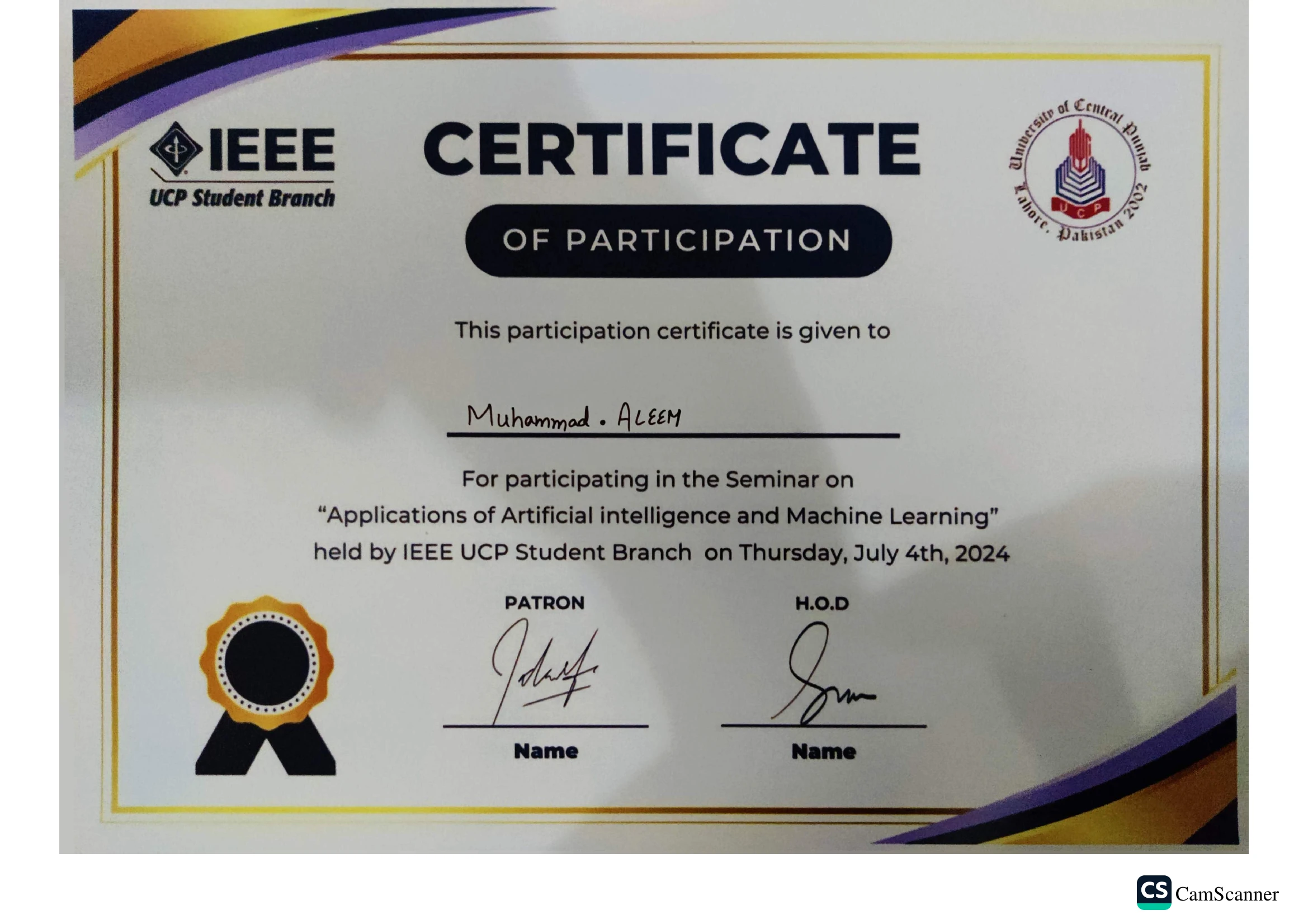 AI & ML Applications Seminar certificate issued by IEEE UCP Student Branch