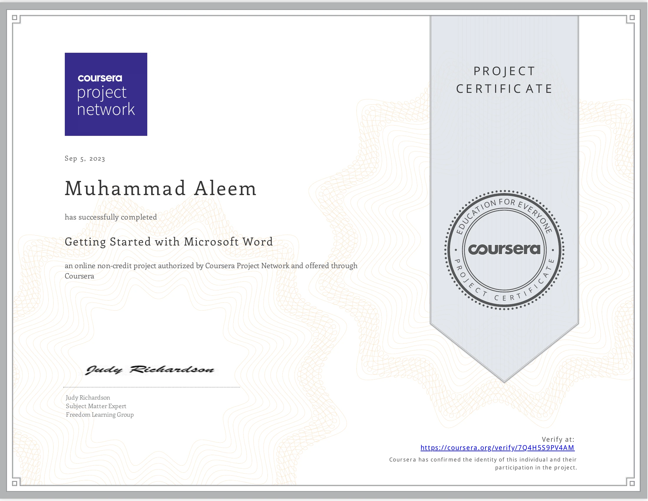 Work Smarter with Microsoft Word certificate issued by Coursera