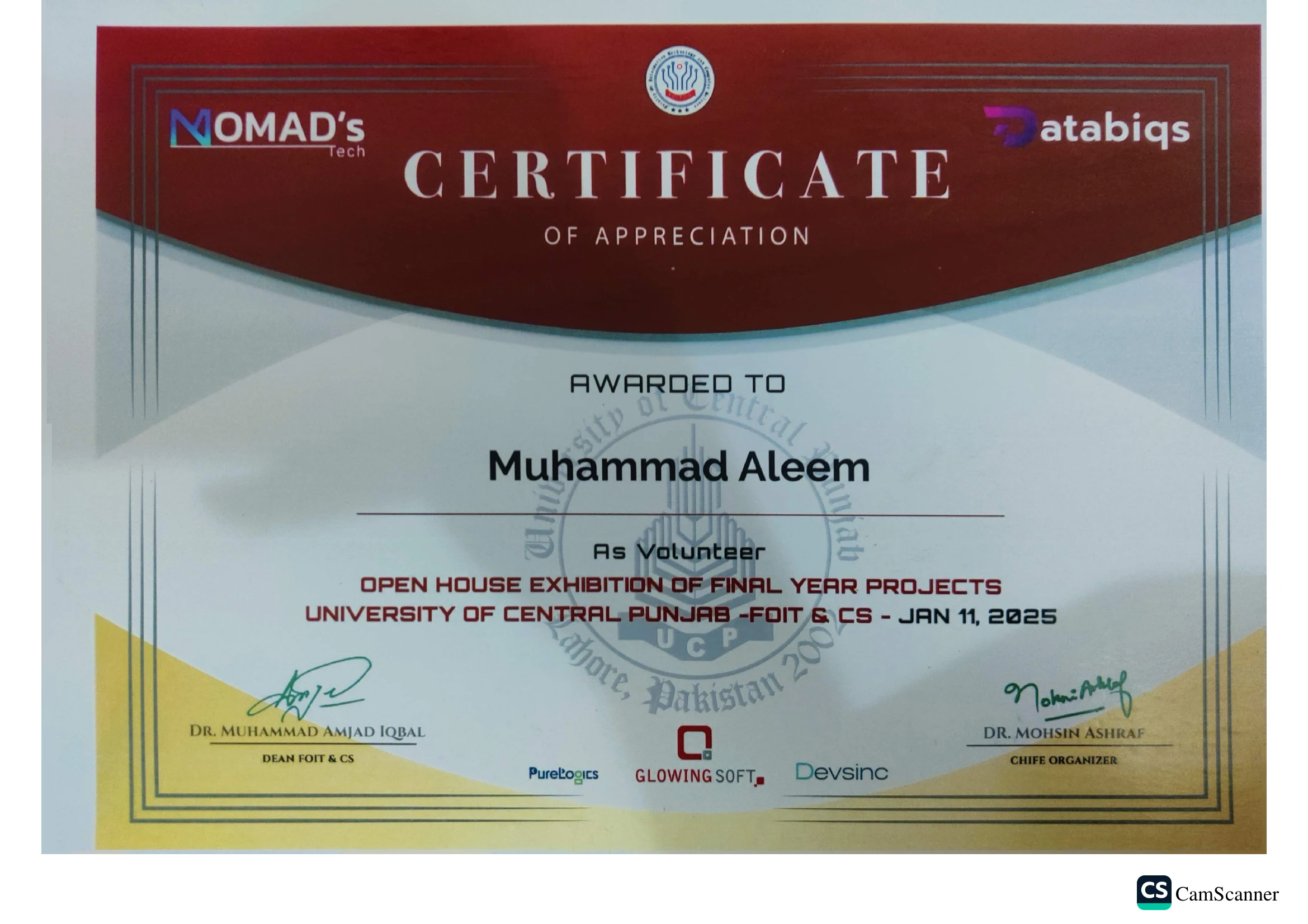 FYP Open House Exhibition (3rd Place & Volunteer) certificate issued by University of Central Punjab
