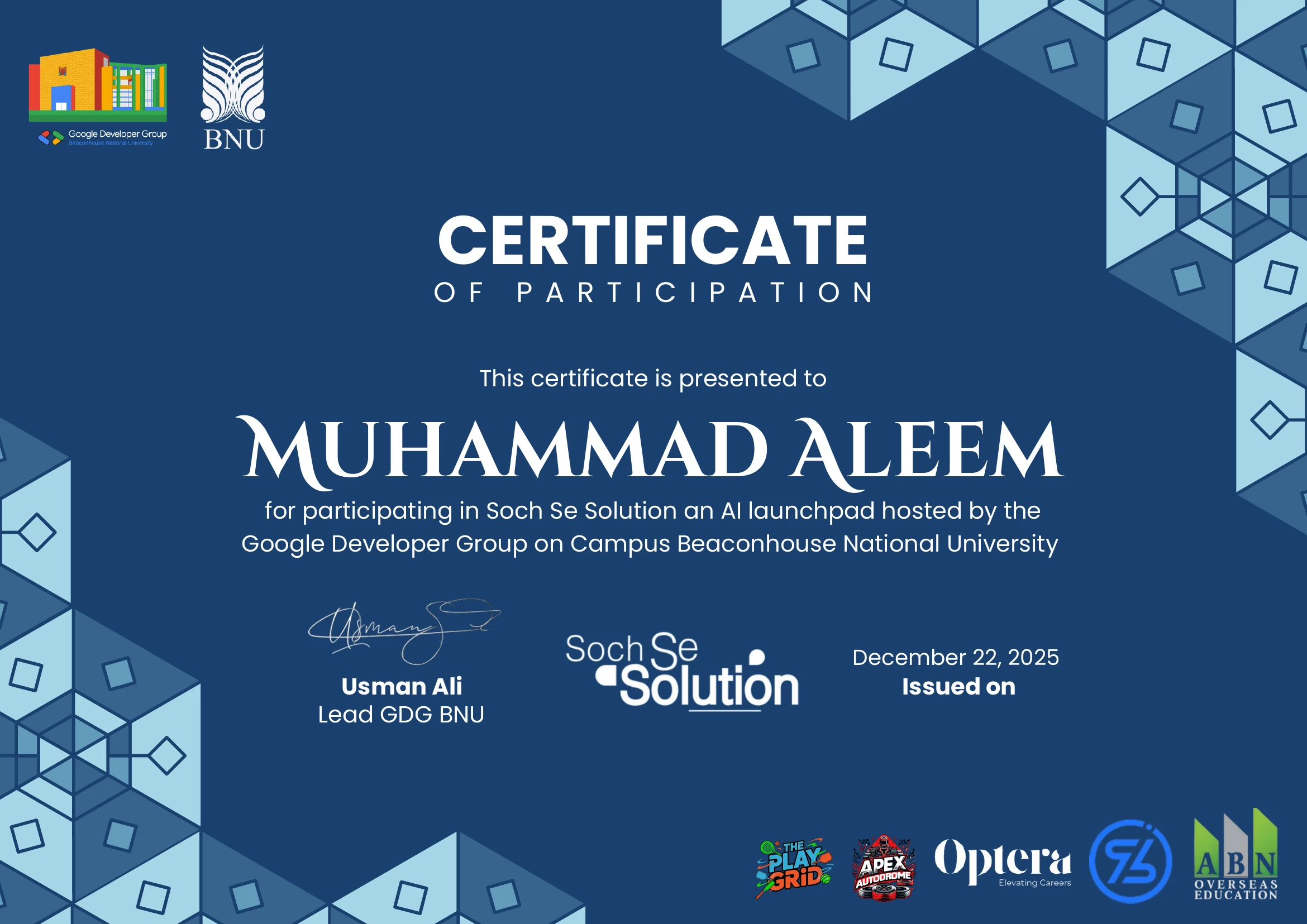 SochSeSolution Innovation Event (4th Place) certificate issued by GDG / BNU