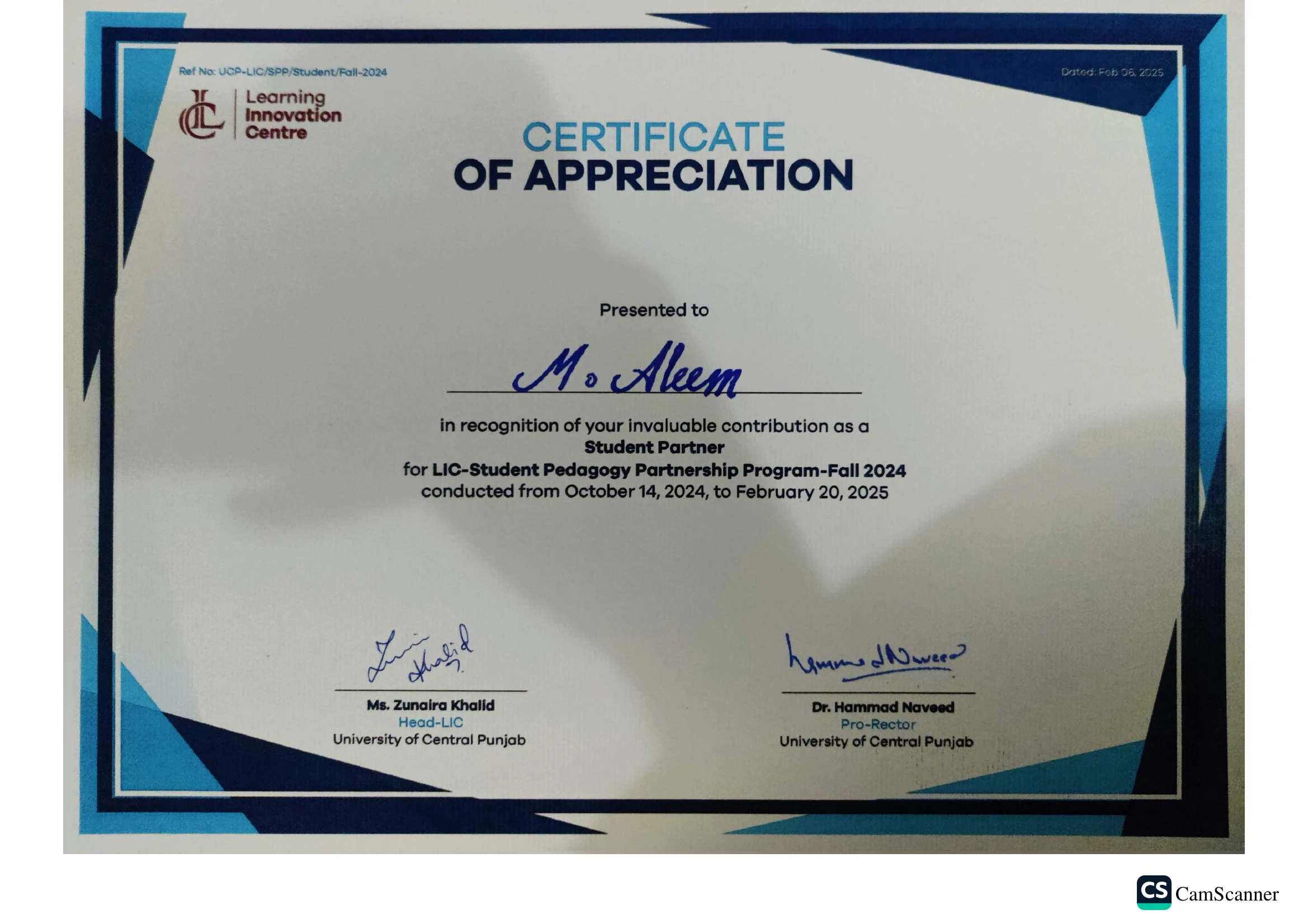Student Pedagogy Partnership Program certificate issued by University of Central Punjab