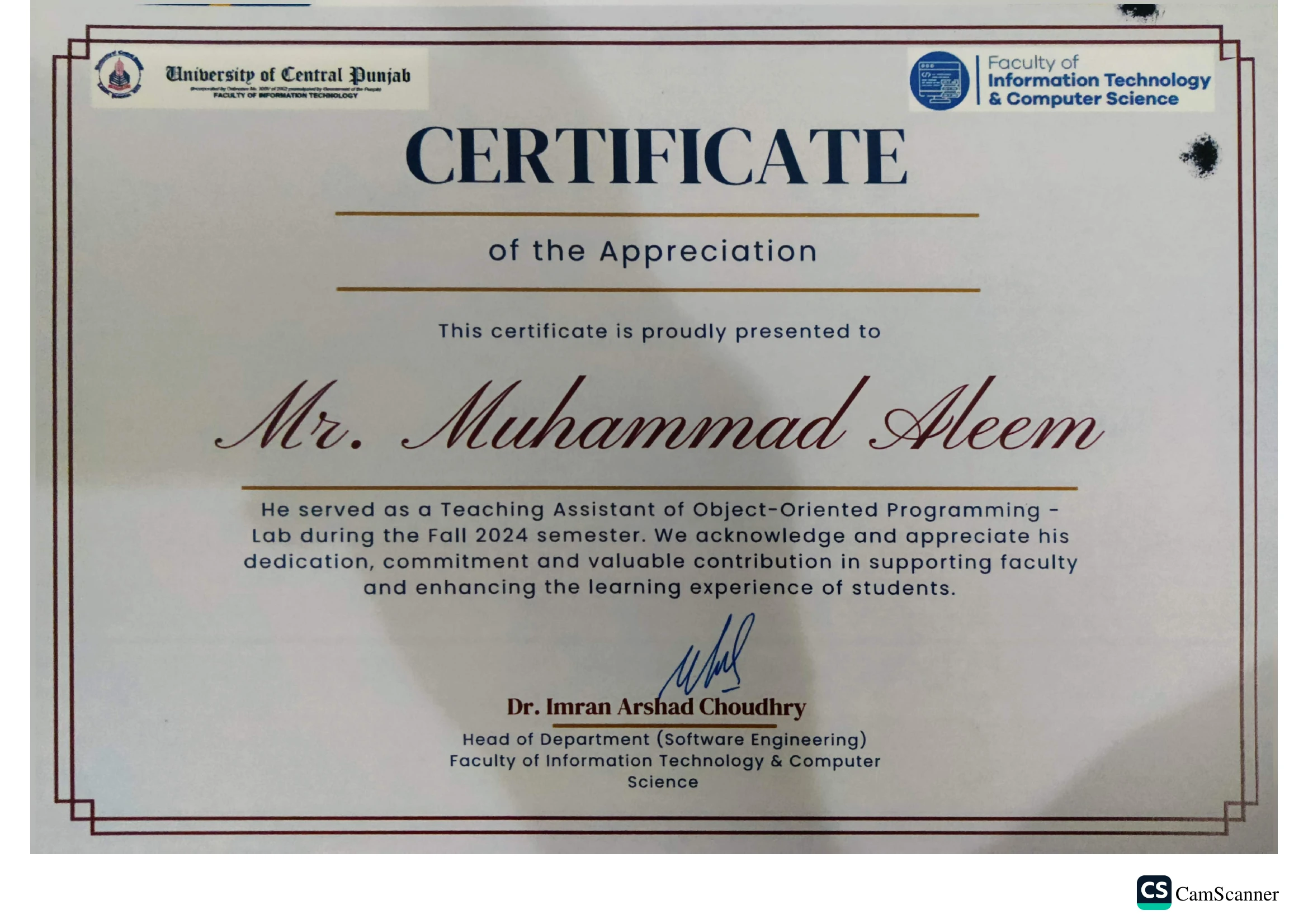 Teaching Assistant — OOP Lab (Fall 2024) certificate issued by University of Central Punjab