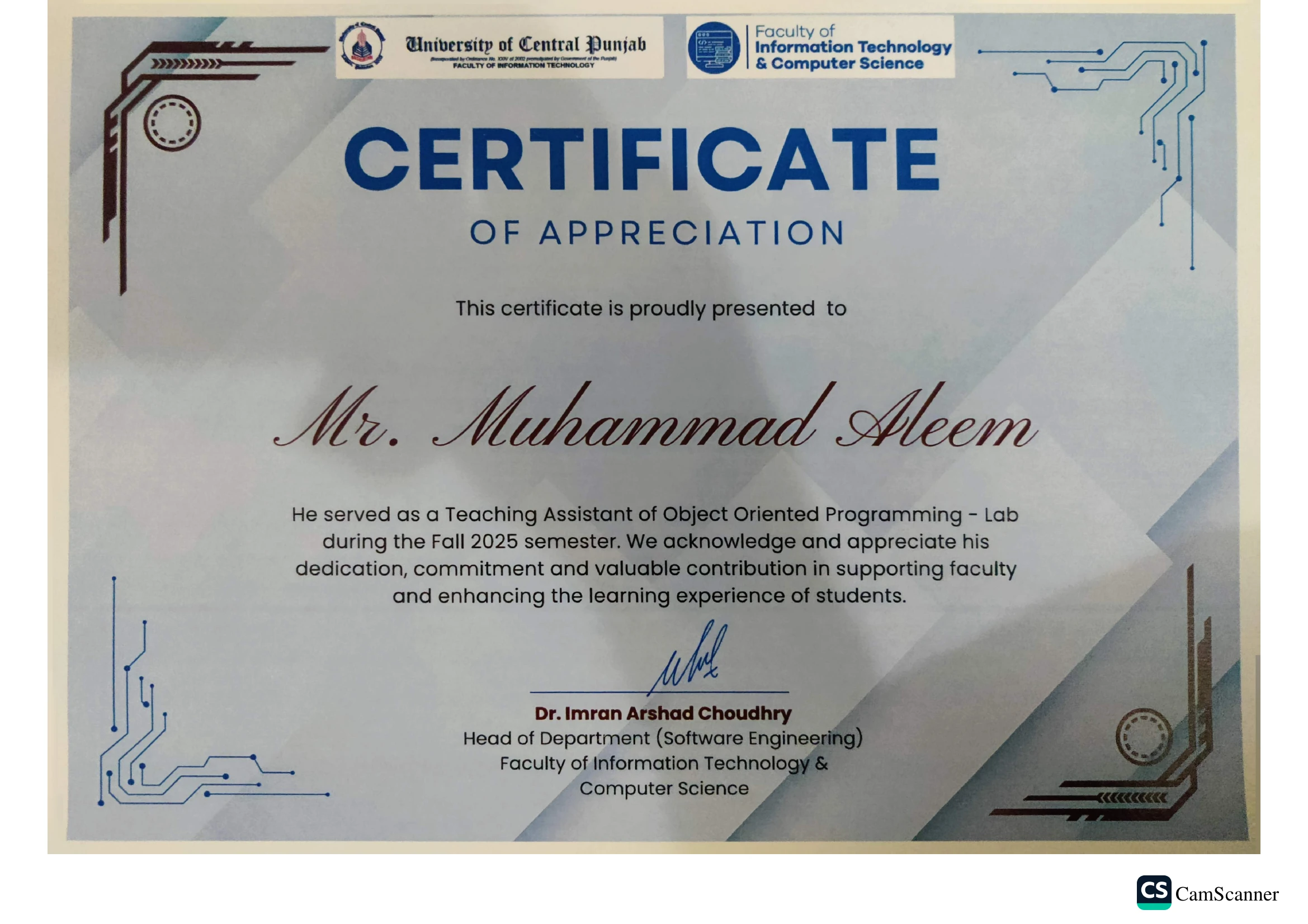Teaching Assistant — OOP Lab (Fall 2025) certificate issued by University of Central Punjab